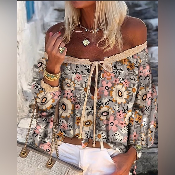 BOHO CHIC OFF SHOULDERS FLORAL PRINT ADJ DRAWSTRING LANTERN SLEEVE BLOUSE - Picture 1 of 5